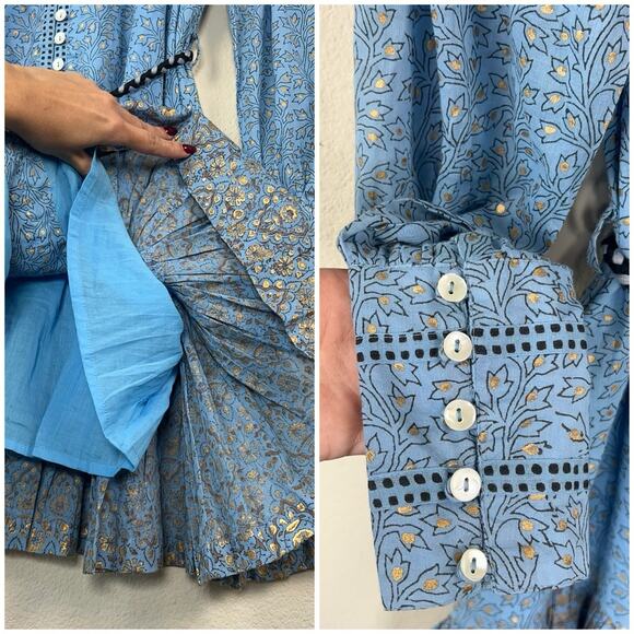 Oliphant Boho Romantic Fit & Flare XS Blue Floral Gold Print Belted Dress - Picture 8 of 9